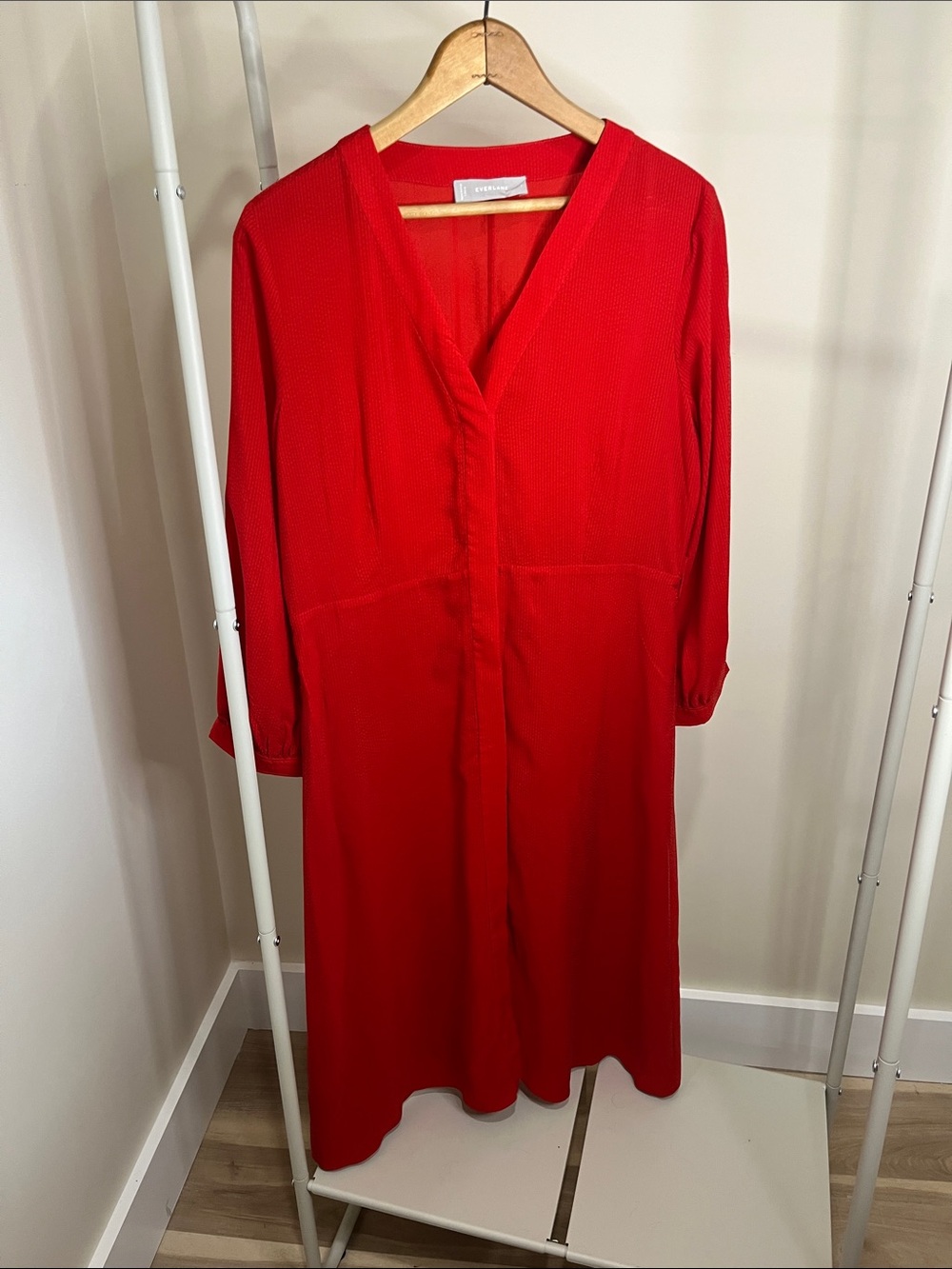 Everlane Red V-Neck Long Sleeve Midi Dress